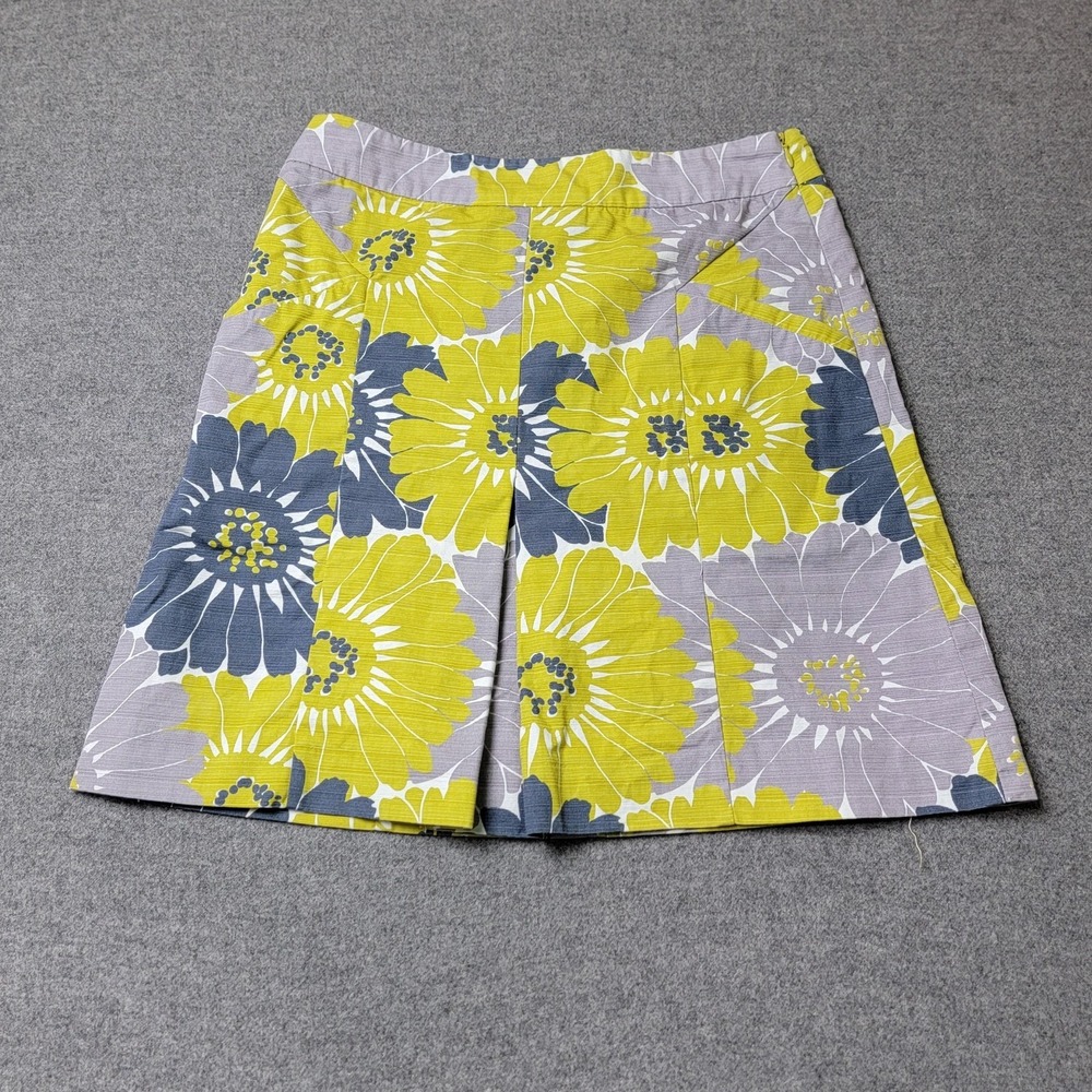 Boden Skirt Womens 10 Yellow Gray Floral Pleated Lined Pockets A-Line Cotton